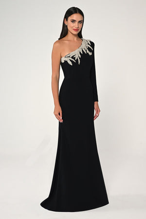 One-Shoulder Embellished Crepe Maxi Dress