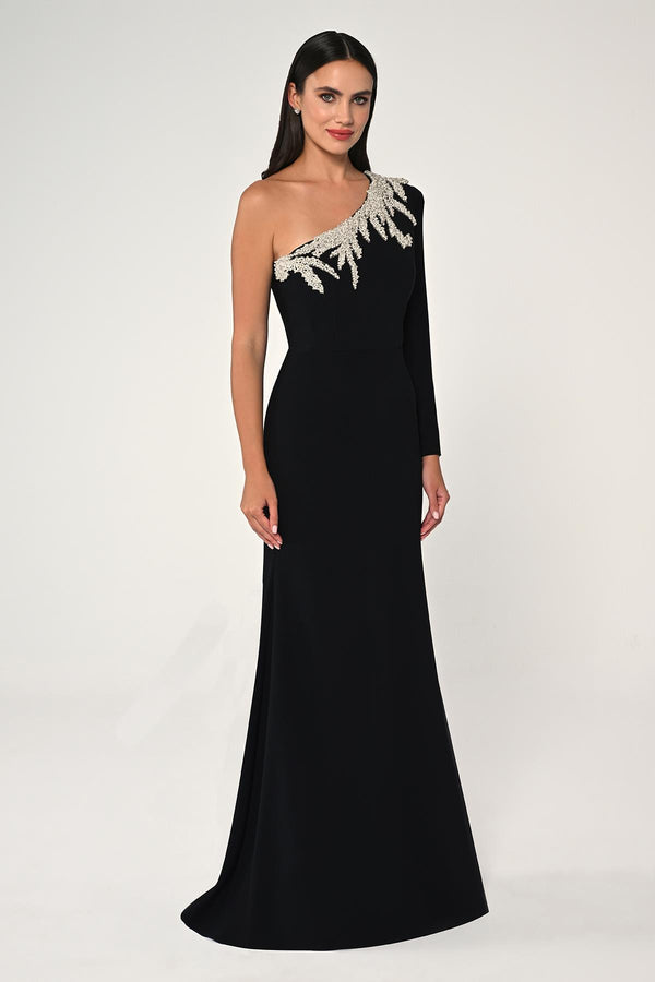 One-Shoulder Embellished Crepe Maxi Dress