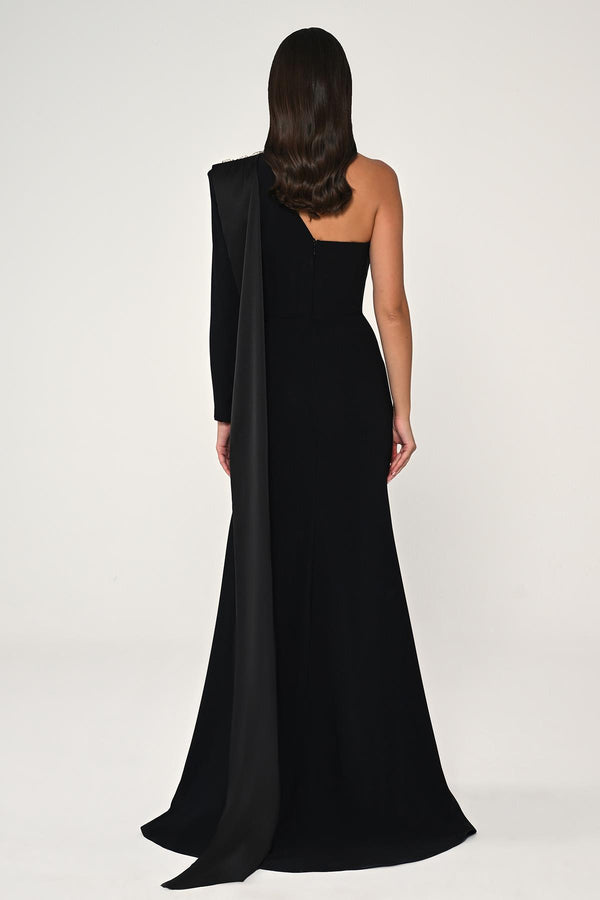 One-Shoulder Embellished Crepe Maxi Dress