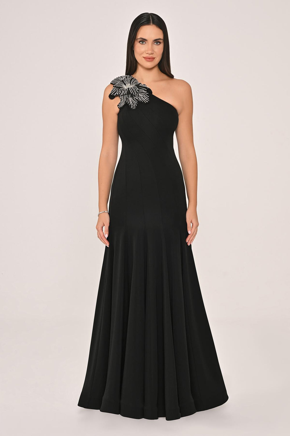 One-Shoulder Floral Accessory Crepe Long Dress