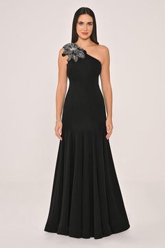 One-Shoulder Floral Accessory Crepe Long Dress