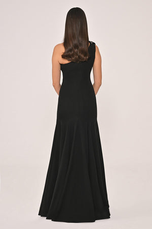 One-Shoulder Floral Accessory Crepe Long Dress
