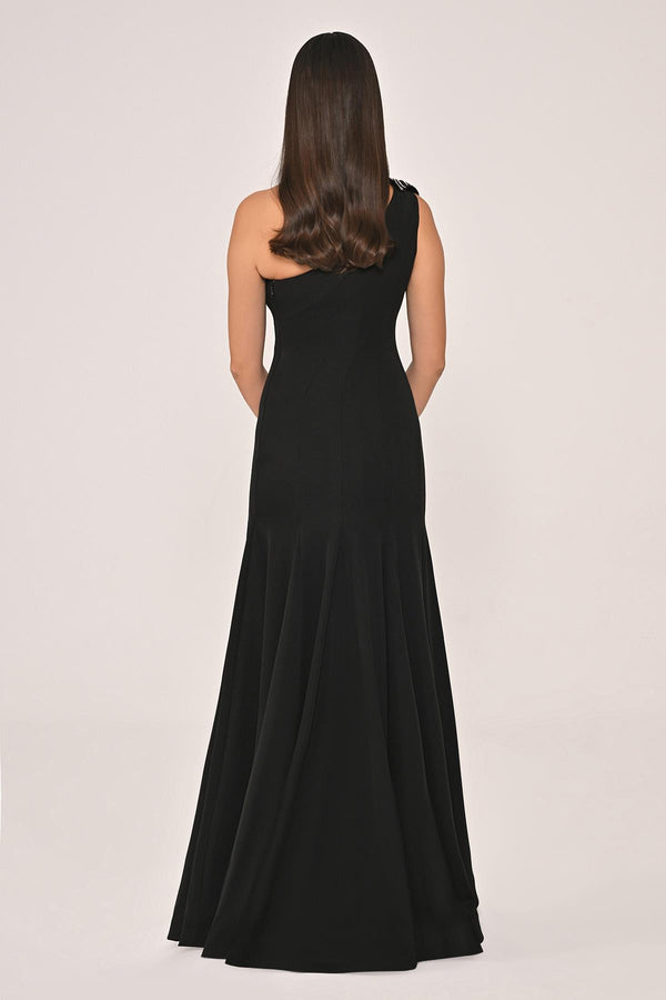 One-Shoulder Floral Accessory Crepe Long Dress