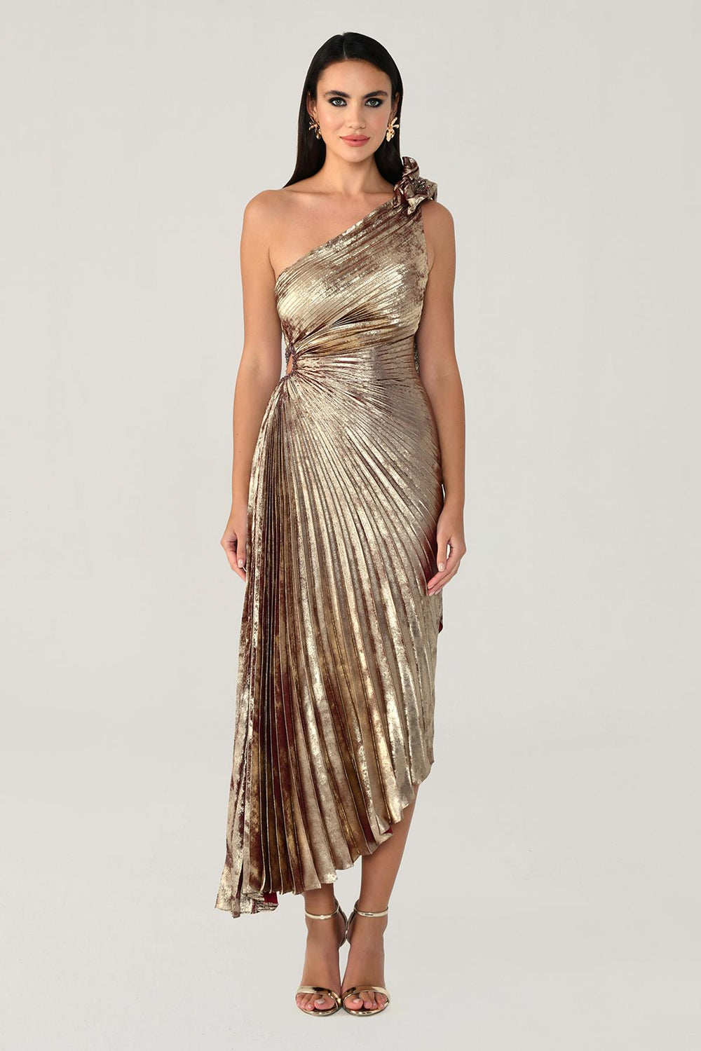 One Shoulder Pleated Shimmer Velvet Midi Dress