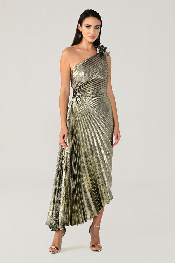 One Shoulder Pleated Shimmer Velvet Midi Dress