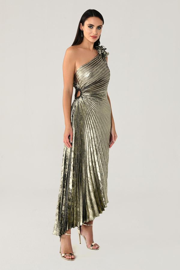 One Shoulder Pleated Shimmer Velvet Midi Dress