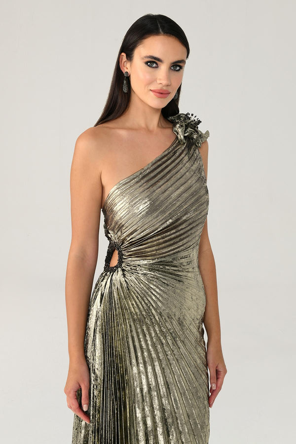 One Shoulder Pleated Shimmer Velvet Midi Dress