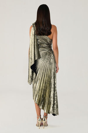 One Shoulder Pleated Shimmer Velvet Midi Dress