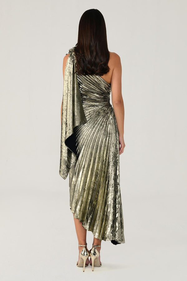One Shoulder Pleated Shimmer Velvet Midi Dress