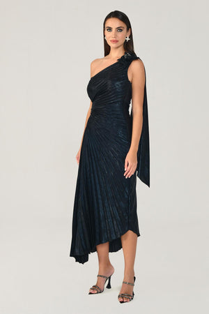 One Shoulder Pleated Shimmer Velvet Midi Dress