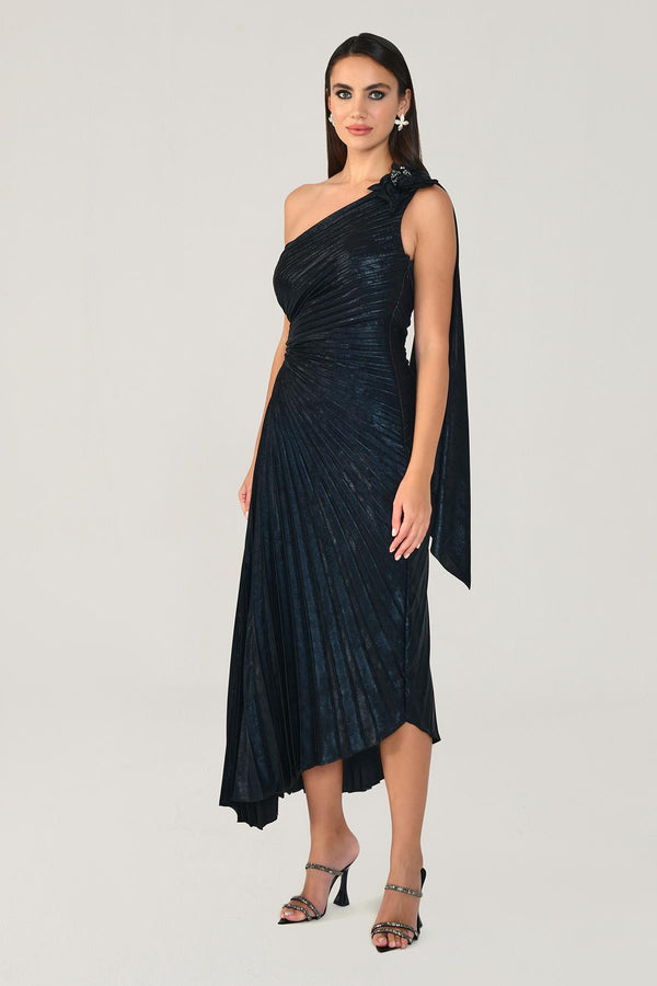 One Shoulder Pleated Shimmer Velvet Midi Dress