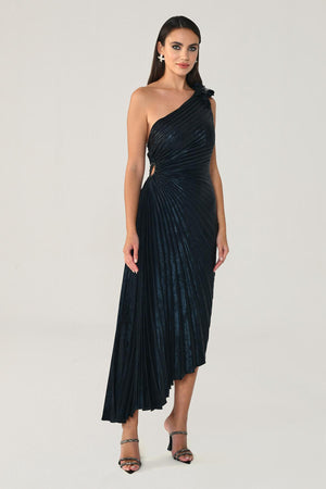 One Shoulder Pleated Shimmer Velvet Midi Dress