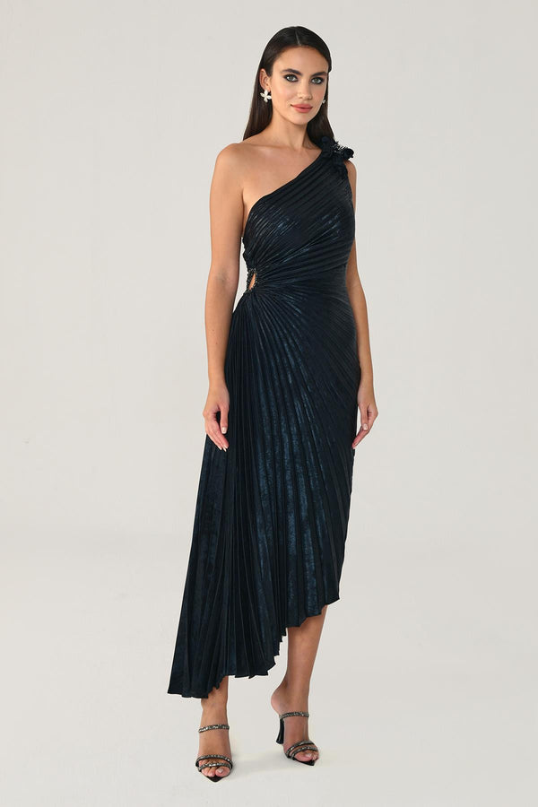 One Shoulder Pleated Shimmer Velvet Midi Dress