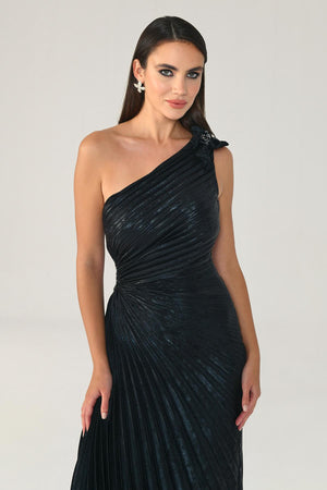 One Shoulder Pleated Shimmer Velvet Midi Dress