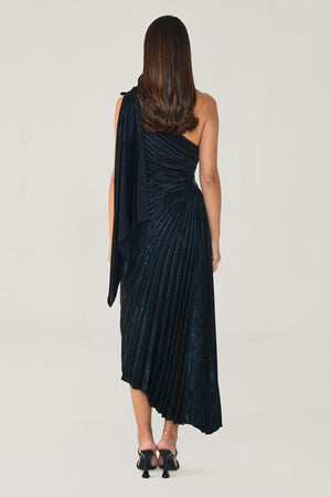 One Shoulder Pleated Shimmer Velvet Midi Dress