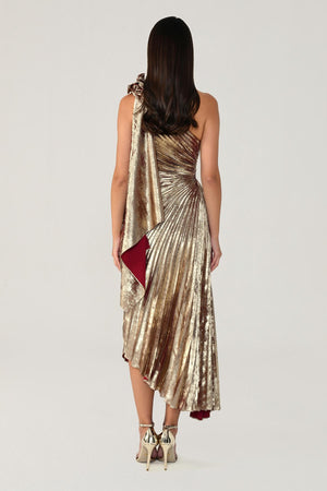 One Shoulder Pleated Shimmer Velvet Midi Dress