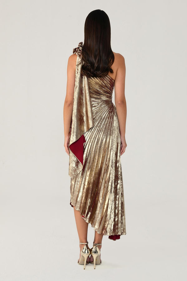 One Shoulder Pleated Shimmer Velvet Midi Dress