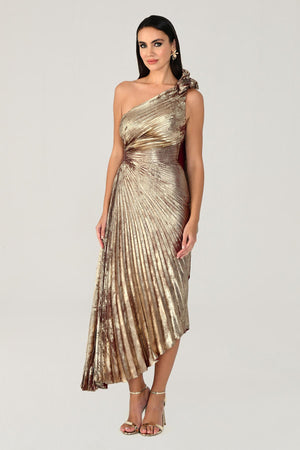 One Shoulder Pleated Shimmer Velvet Midi Dress