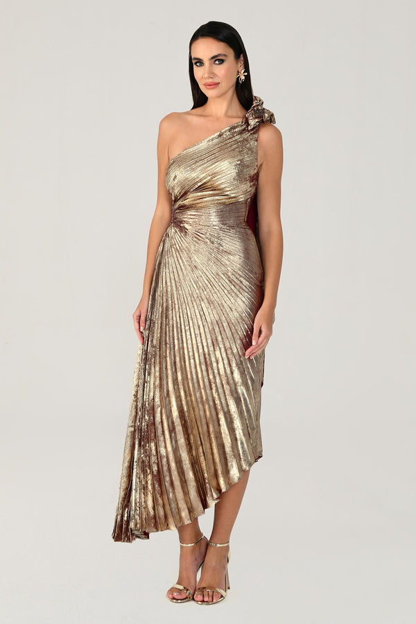 One Shoulder Pleated Shimmer Velvet Midi Dress