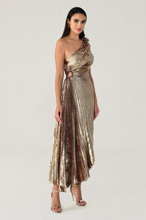 One Shoulder Pleated Shimmer Velvet Midi Dress