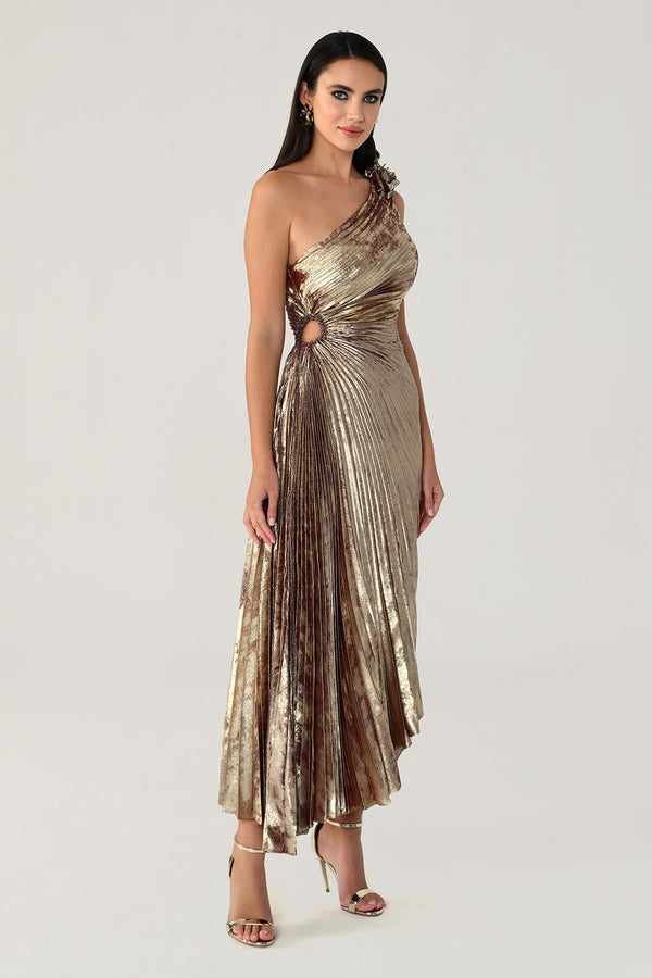One Shoulder Pleated Shimmer Velvet Midi Dress