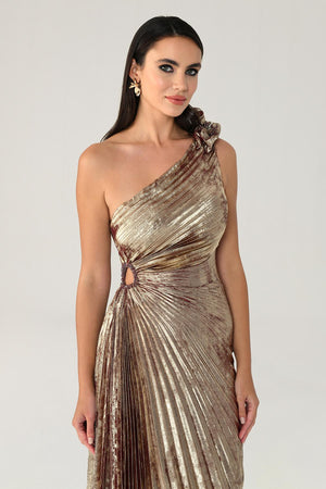 One Shoulder Pleated Shimmer Velvet Midi Dress