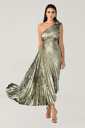 One Shoulder Pleated Shimmer Velvet Midi Dress
