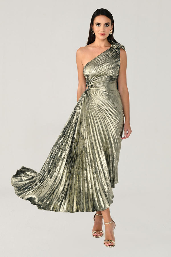 One Shoulder Pleated Shimmer Velvet Midi Dress