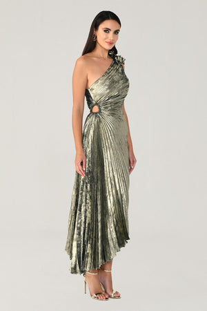 One Shoulder Pleated Shimmer Velvet Midi Dress