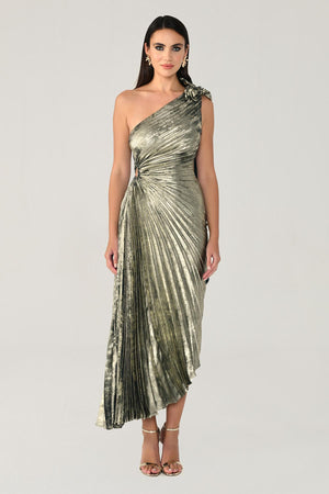 One Shoulder Pleated Shimmer Velvet Midi Dress