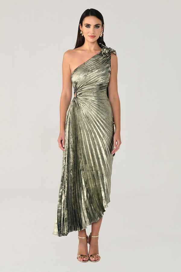 One Shoulder Pleated Shimmer Velvet Midi Dress