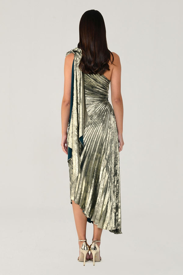 One Shoulder Pleated Shimmer Velvet Midi Dress