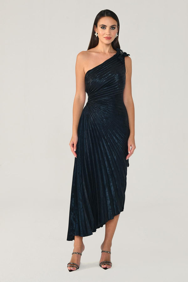 One Shoulder Pleated Shimmer Velvet Midi Dress