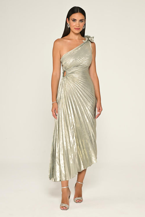 One Shoulder Pleated Shimmer Velvet Midi Dress