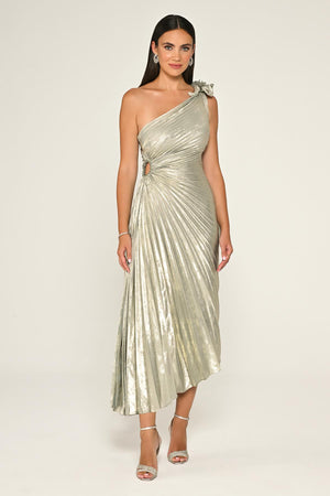 One Shoulder Pleated Shimmer Velvet Midi Dress
