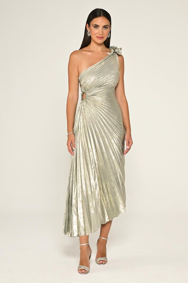 One Shoulder Pleated Shimmer Velvet Midi Dress