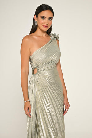 One Shoulder Pleated Shimmer Velvet Midi Dress