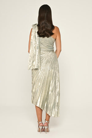 One Shoulder Pleated Shimmer Velvet Midi Dress
