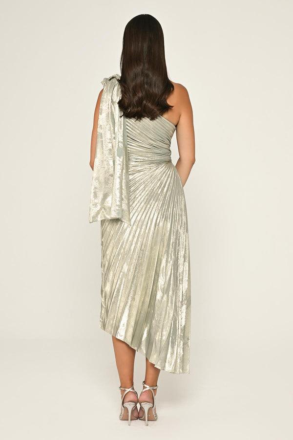 One Shoulder Pleated Shimmer Velvet Midi Dress