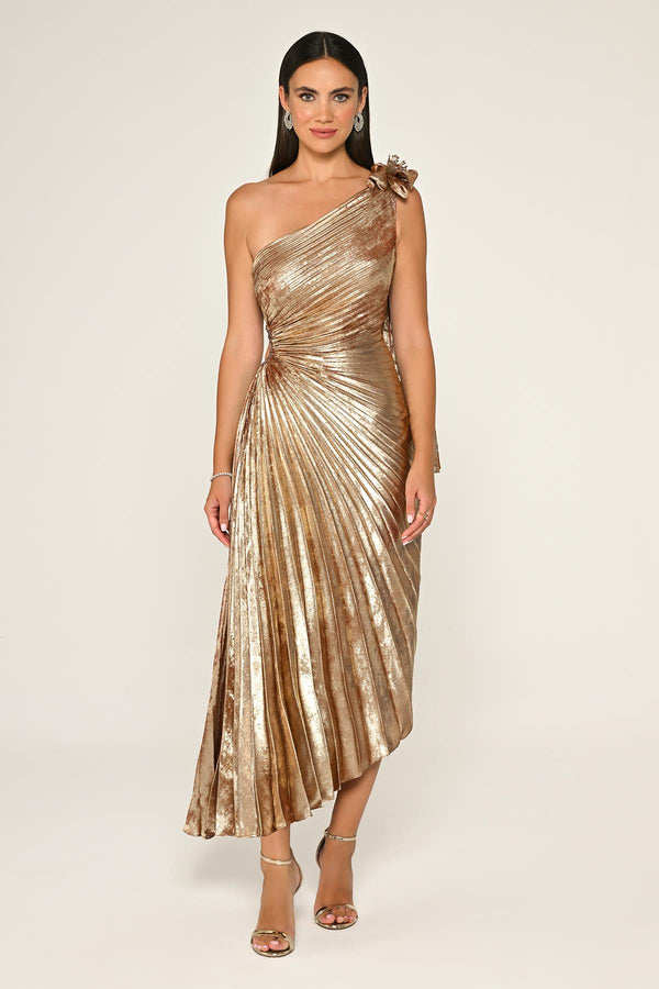 One Shoulder Pleated Shimmer Velvet Midi Dress