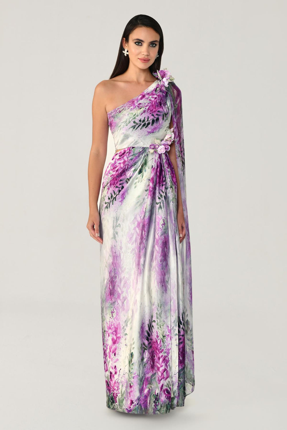 One Shoulder Chiffon Shawl Patterned Satin Long Dress
