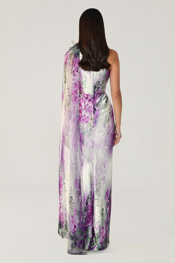 One Shoulder Chiffon Shawl Patterned Satin Long Dress