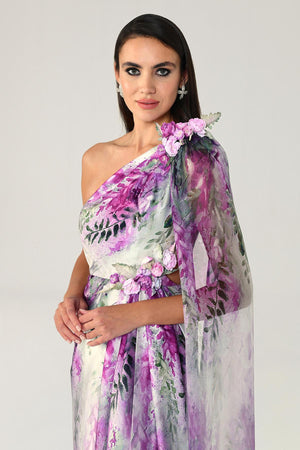 One Shoulder Chiffon Shawl Patterned Satin Long Dress