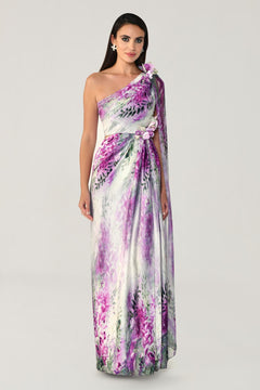 One Shoulder Chiffon Shawl Patterned Satin Long Dress