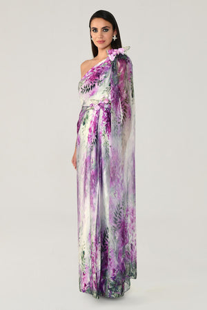 One Shoulder Chiffon Shawl Patterned Satin Long Dress