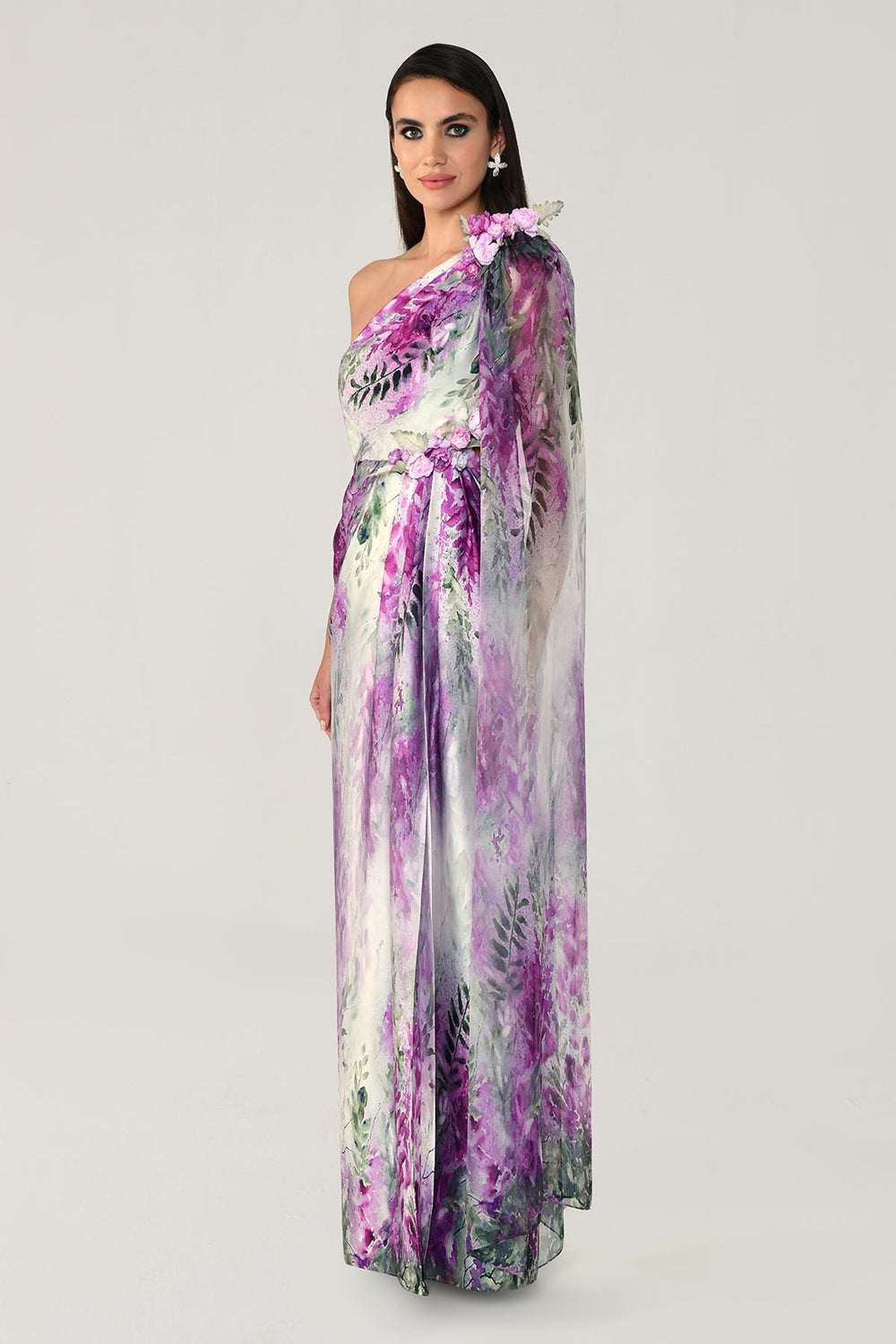 One Shoulder Chiffon Shawl Patterned Satin Long Dress