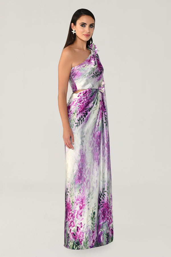 One Shoulder Chiffon Shawl Patterned Satin Long Dress