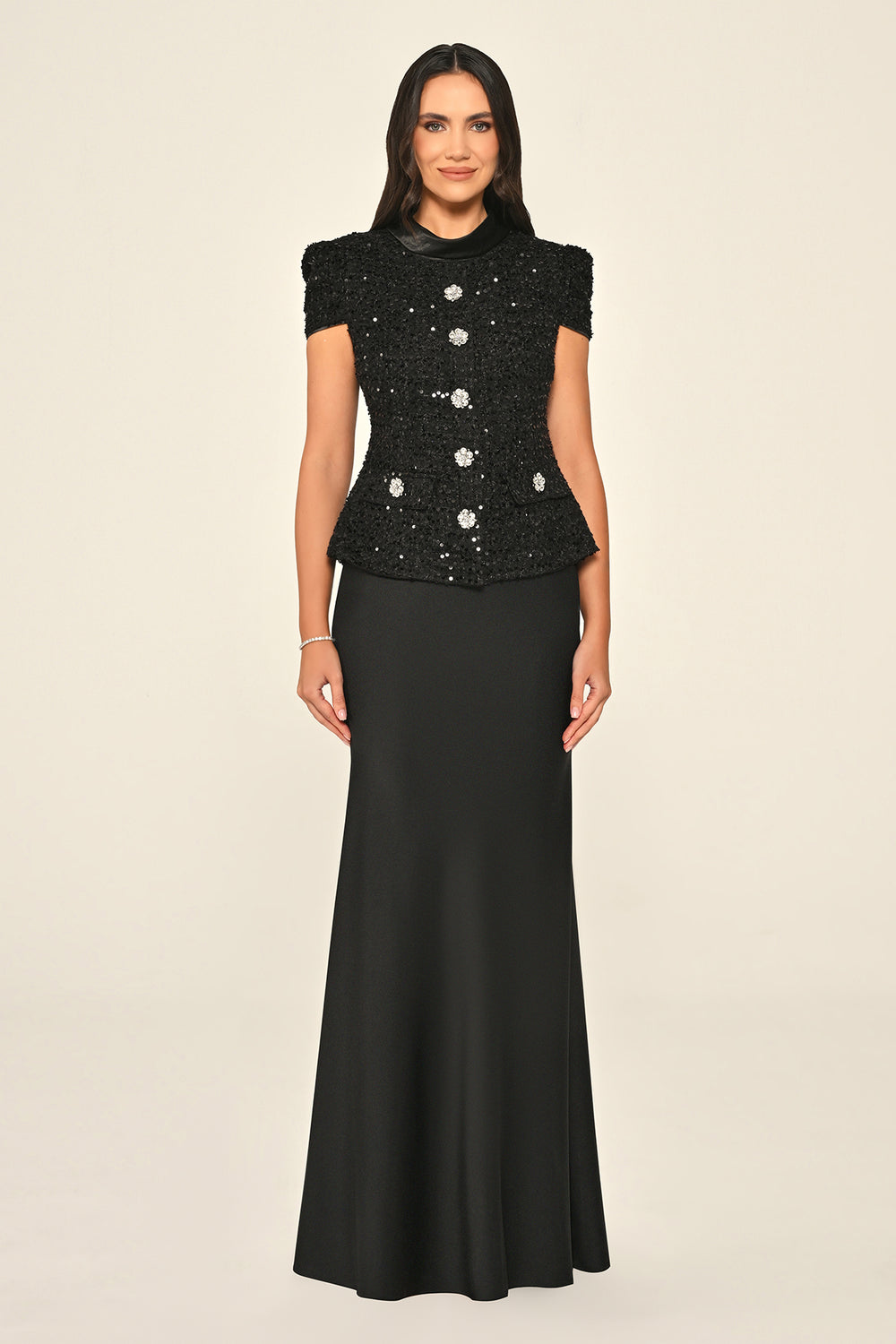 Long Satin Dress with Bejewelled Button Skirt and Tweed Sequin Jacket