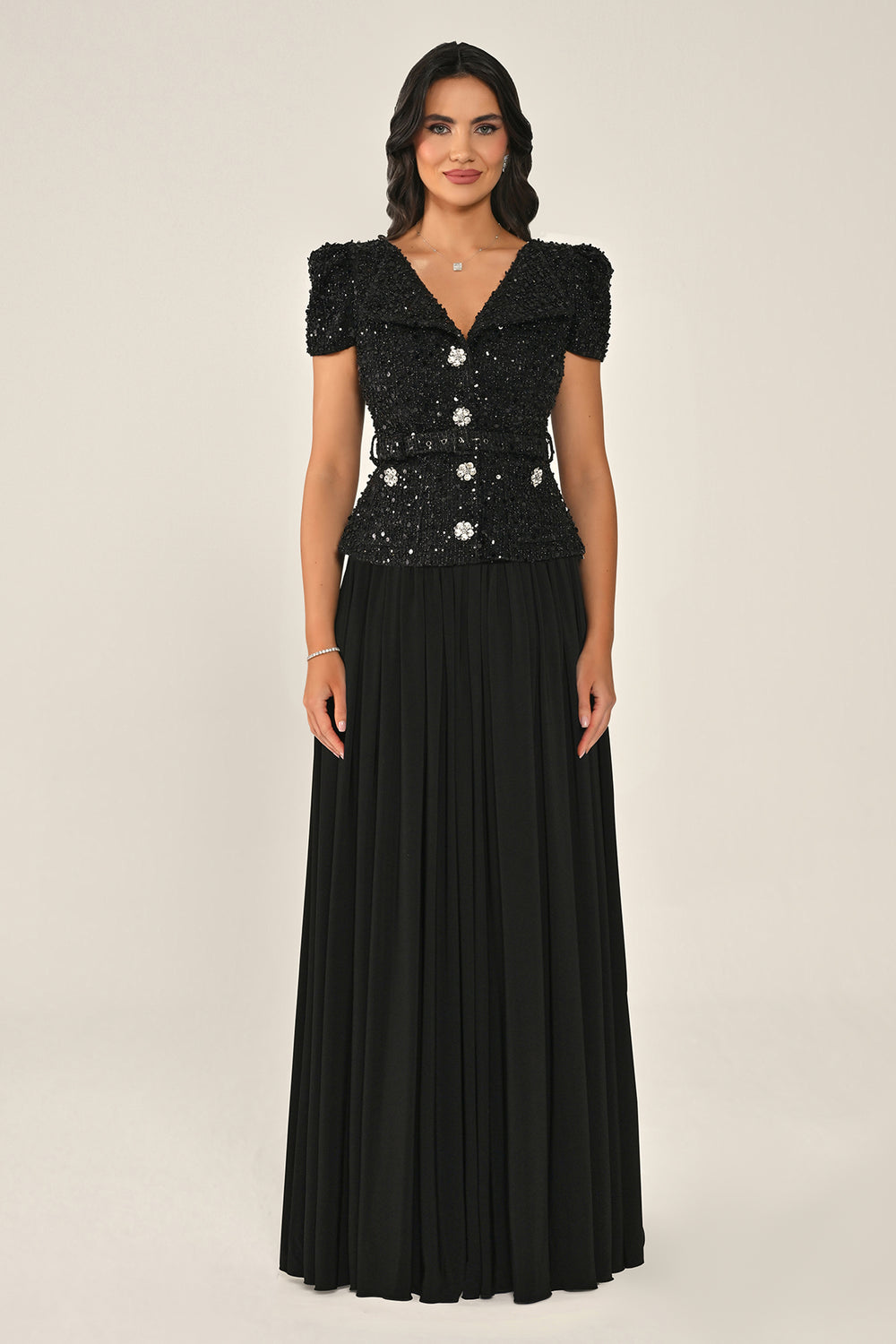 Chiffon Long Dress with Tweed Sequin Jacket and Embellished Button Skirt