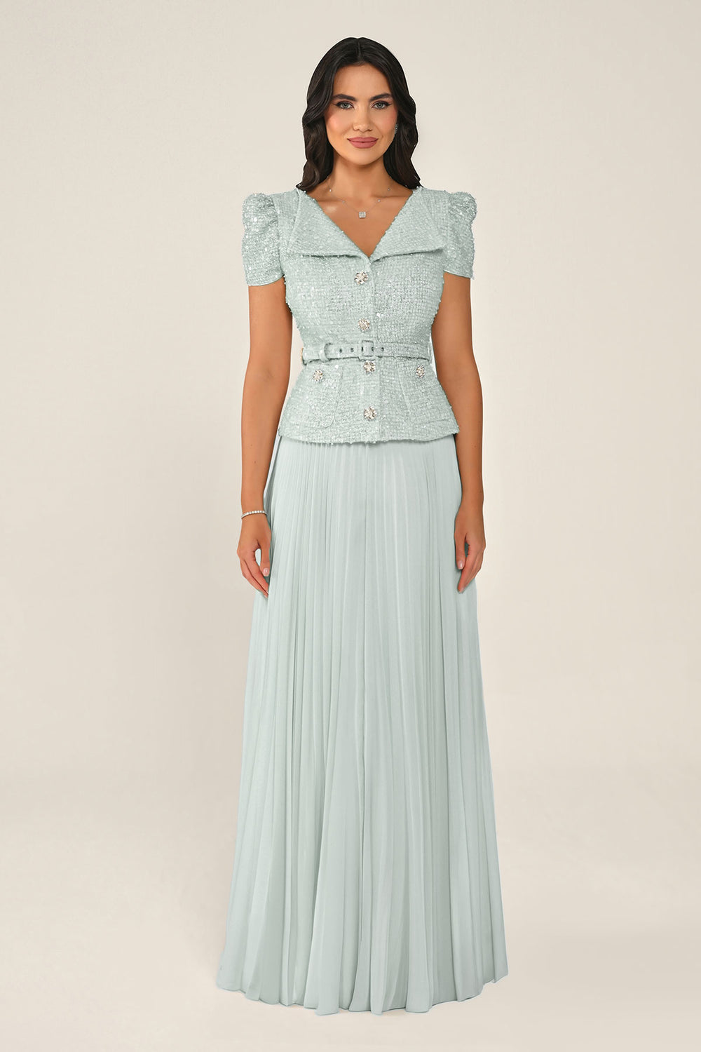 Chiffon Long Dress with Tweed Sequin Jacket and Embellished Button Skirt